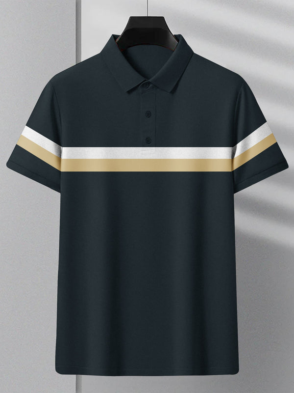 Summer Polo Shirt For Men-Dark Navy With White & Brown Stripe-LOC0052