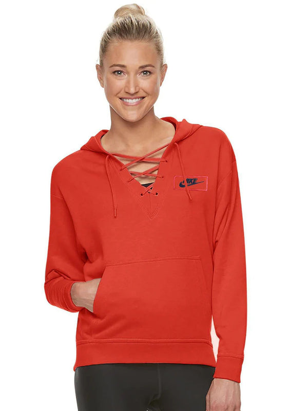 NK Terry Fleece Lace Up Hoodie For Ladies-Coral Orange-LOC#0W12