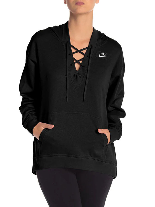 NK Terry Fleece Lace Up Hoodie For Ladies-Black-LOC#0W13