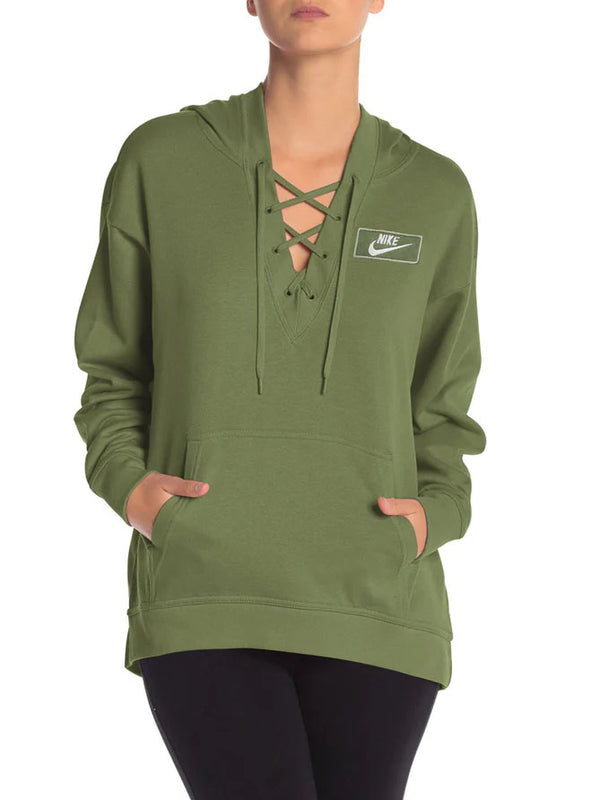 NK Terry Fleece Olive Lace Up Hoodie For Ladies-Olive Green-LOC#0W14