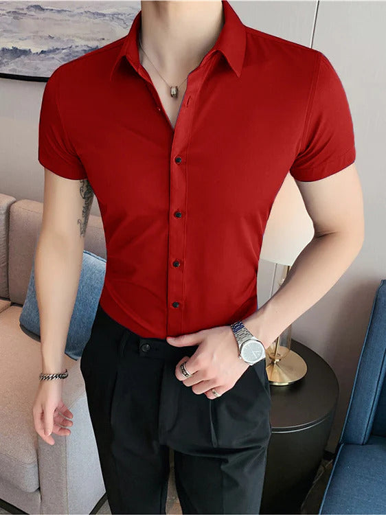 Oxen Nexoluce Super Stretchy Slim Fit Half Sleeve Lycra Casual Shirt For Men-Red-LOC