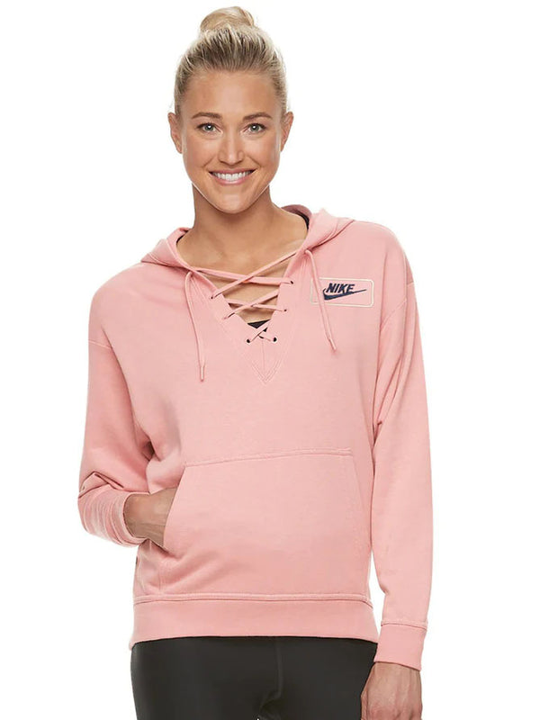 NK Terry Fleece Lace Up Hoodie For Ladies-Light Pink-LOC#0W15