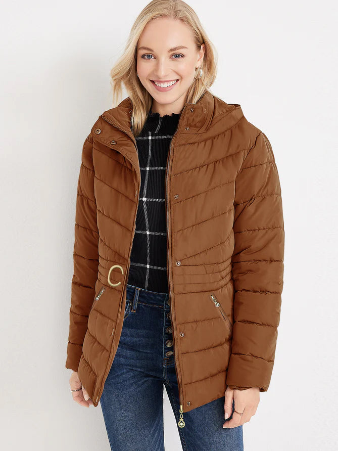 Cinched Waist Puffer Hoodie Jacket For Women-Brown-LOC
