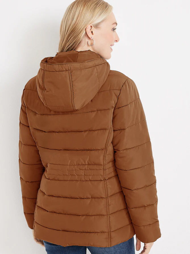 Cinched Waist Puffer Hoodie Jacket For Women-Brown-LOC