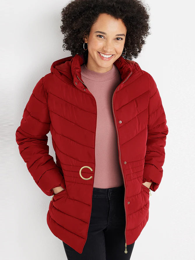 Cinched Waist Puffer Hoodie Jacket For Women-Red-LOC
