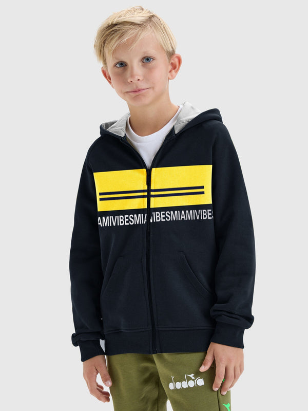Miami Vibes Stylish Inner Fur Zipper Hoodie For Kids-Navy With Lime Yellow Panel-LOC#0K32