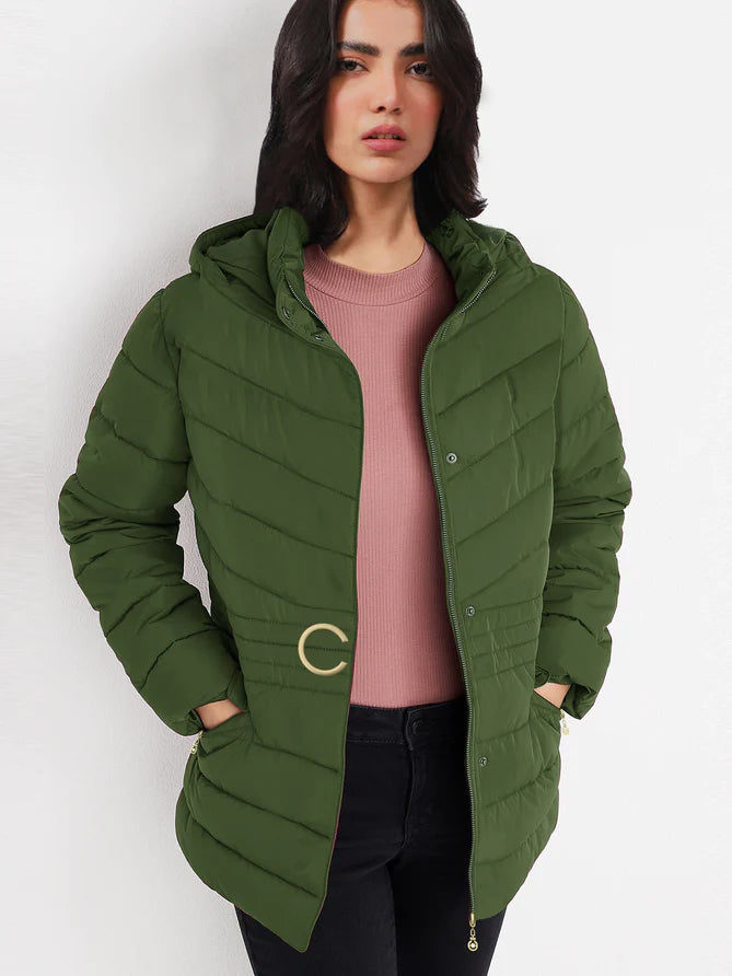 Cinched Waist Puffer Hoodie Jacket For Women-Olive Green-LOC