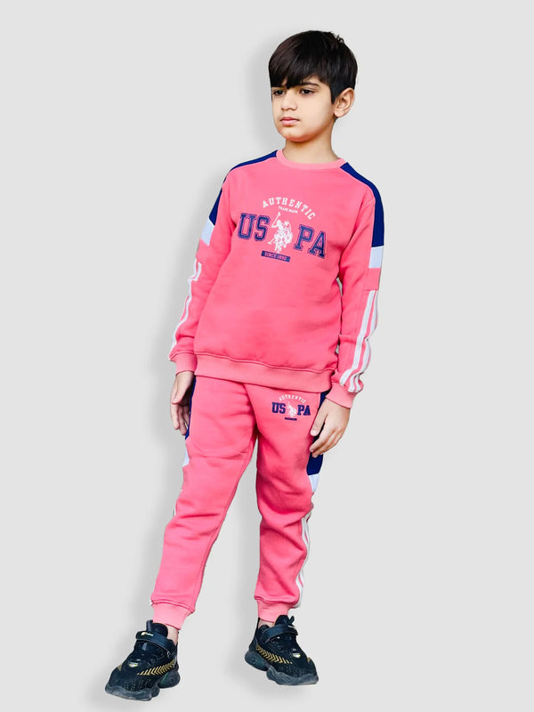 U.S Polo.Assn Fleece Tracksuit For Kids-Pink With Royal Blue-LOC#0K6