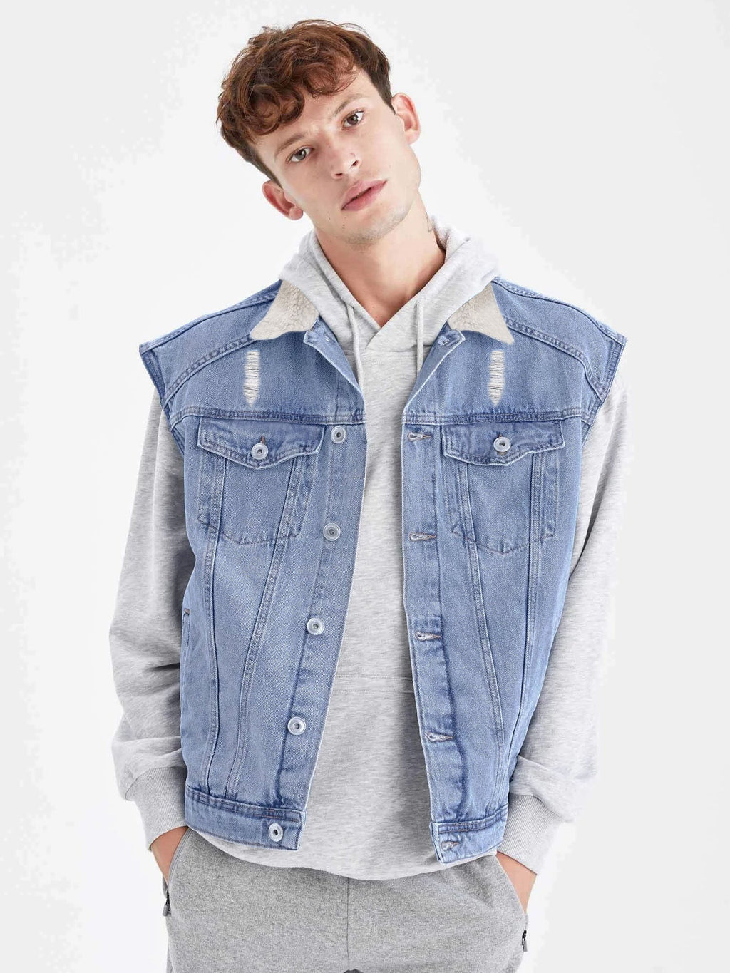 Long Sleeve Plush Fur Denim Jeans Jacket For Men-Blue-BR203 - BrandsEgo