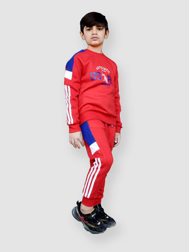 U.S Polo.Assn Fleece Tracksuit For Kids-Red With Royal Blue-LOC