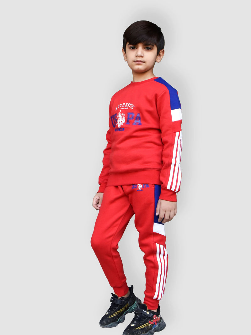 U.S Polo.Assn Fleece Tracksuit For Kids-Red With Royal Blue-LOC
