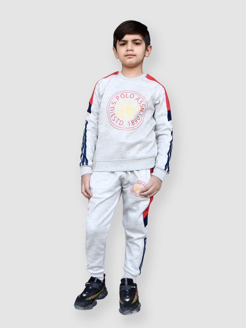 U.S Polo.Assn Fleece Tracksuit For Kids-Grey Melange With Red-LOC