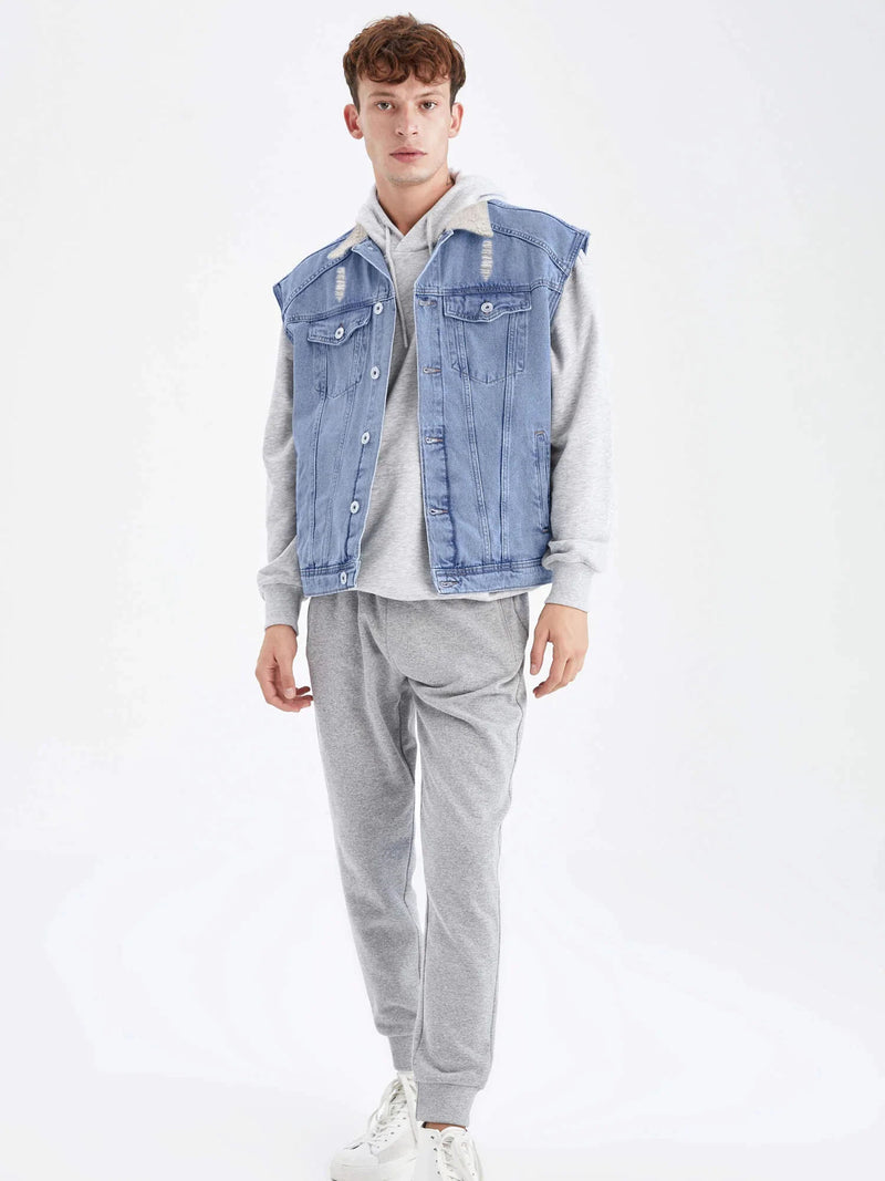 Sleeveless Plush Fur Denim Jeans Jacket For Men-Light Blue-LOC