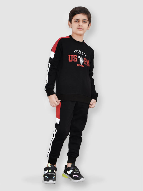 U.S Polo.Assn Fleece Tracksuit For Kids-Black With Red-LOC#0K14