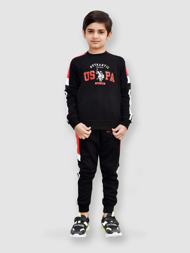 U.S Polo.Assn Fleece Tracksuit For Kids-Black With Red-LOC