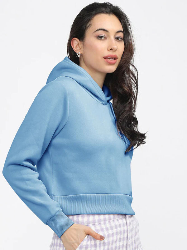 Calliope Fleece Cropped Pullover Hoodie For Ladies-Blue-LOC#0W25