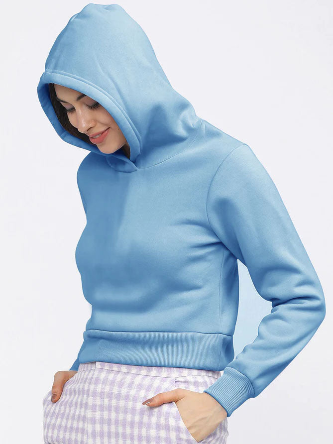 Calliope Fleece Cropped Pullover Hoodie For Ladies-Blue-LOC