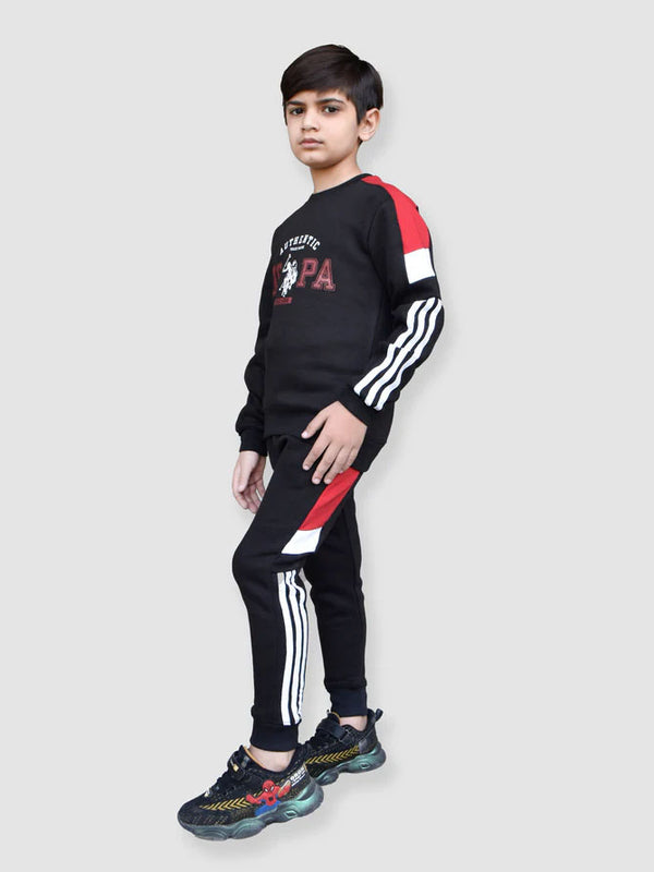 U.S Polo Assn Fleece Tracksuit For Kids-Black With Red-LOC#0K18