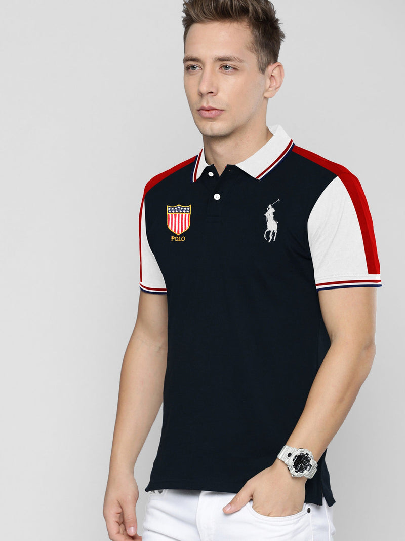 Summer Polo Shirt For Men-Navy With White & Red-LOC0099
