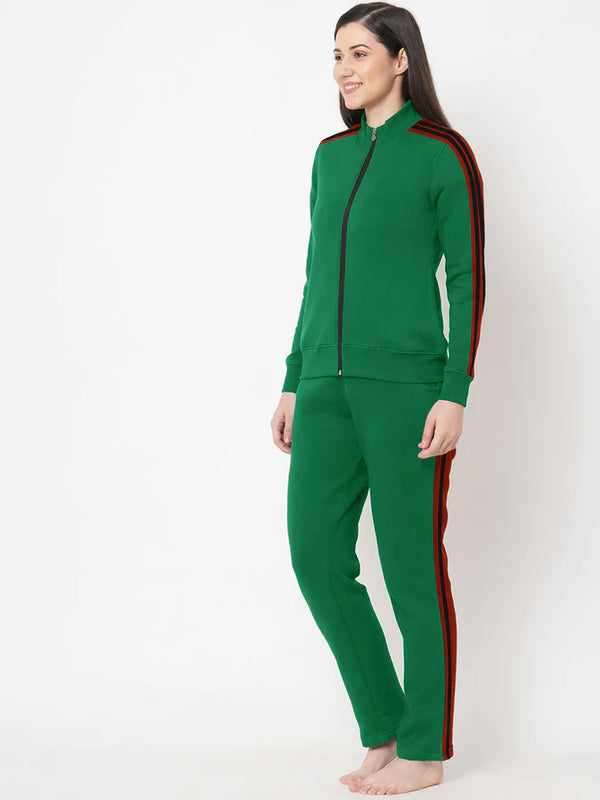 Louis Vicaci Fleece Zipper Tracksuit For Ladies-Green Melange with Black Stripe-LOC#0T1