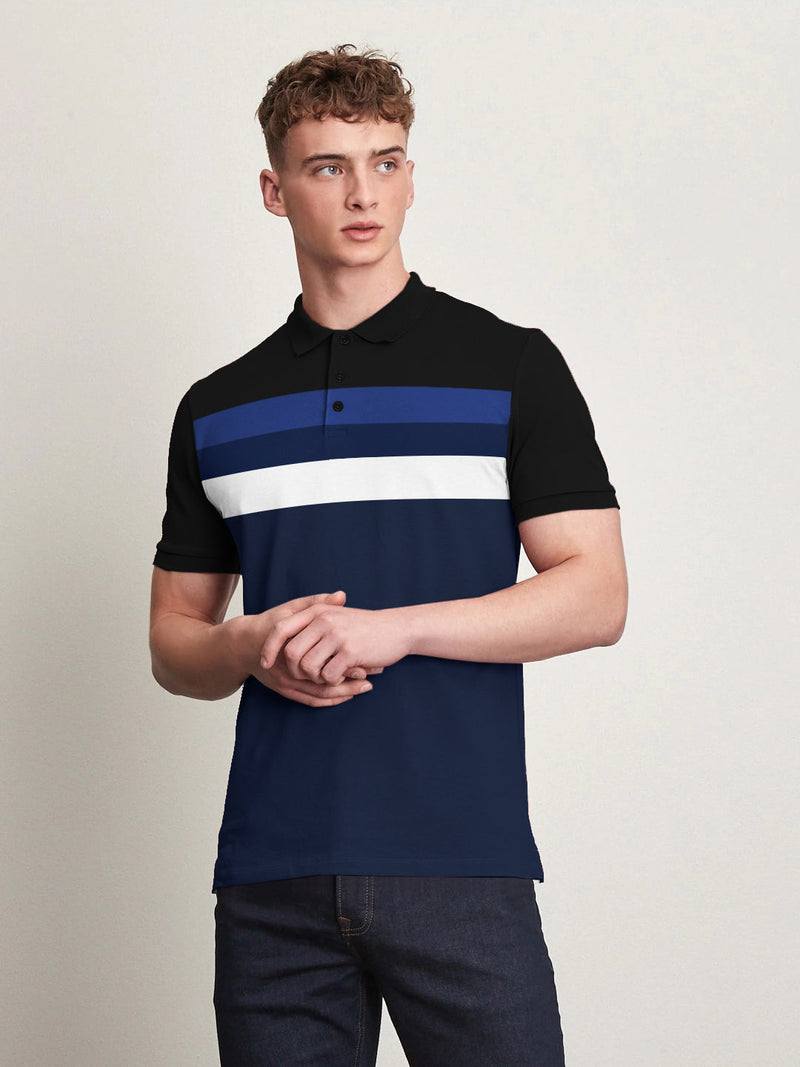 LV Half Sleeve Summer Polo Shirt For Men-Dark Navy & Black With Multi Panel-LOC0063