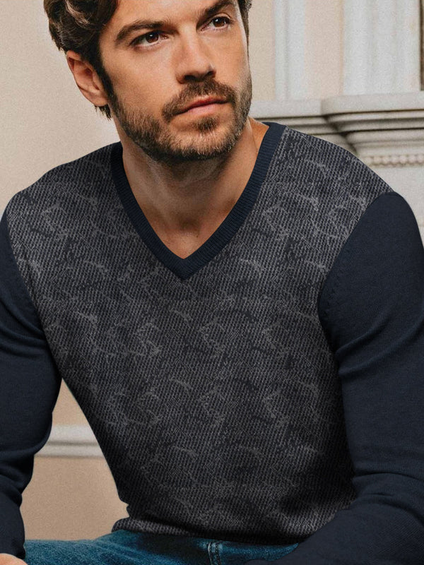 Louis Vicaci Full Sleeve Wool Sweatshirt For Men-Navy Melange with Print-LOC#0S05