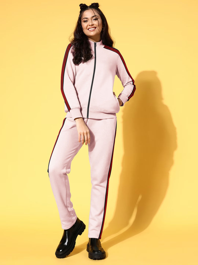 Louis Vicaci Fleece Zipper Tracksuit For Ladies Smoke Pink with Black & Red Stripe-BR1111