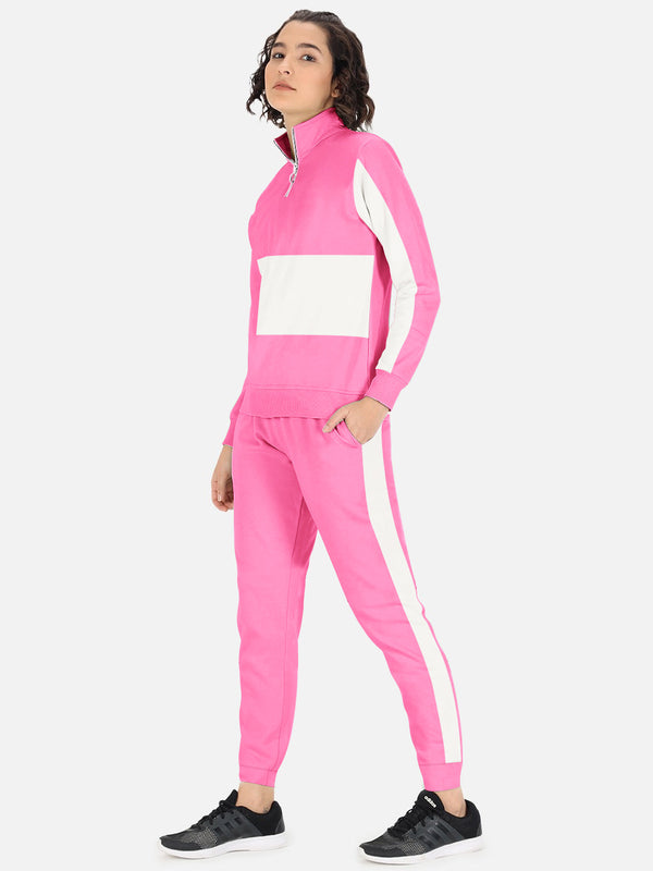 16Sixty Fleece Zipper Tracksuit For Ladies-Pink with White Panels-BR873