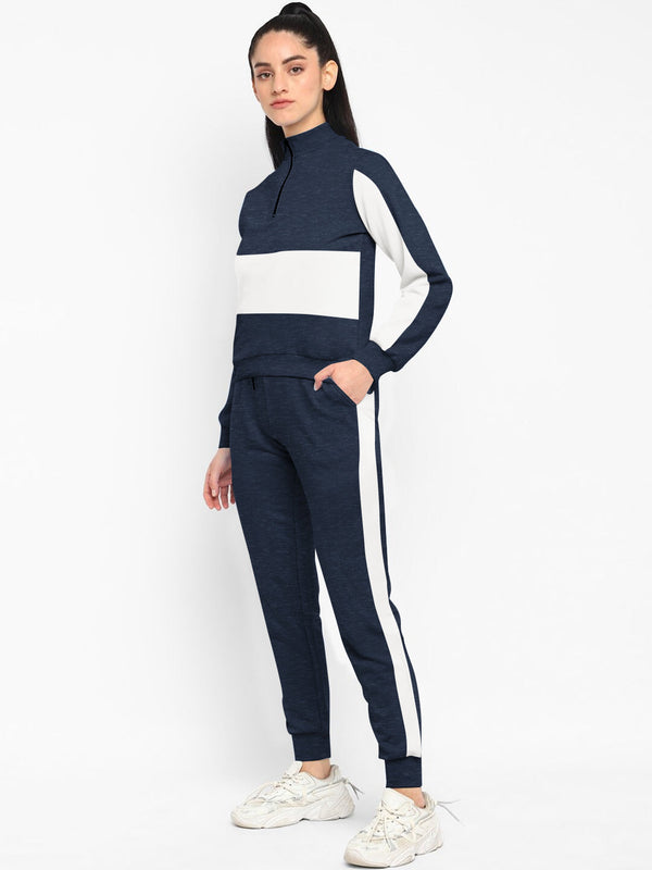 16Sixty Fleece Zipper Tracksuit For Ladies-Navy Melange with White Panels-BR875