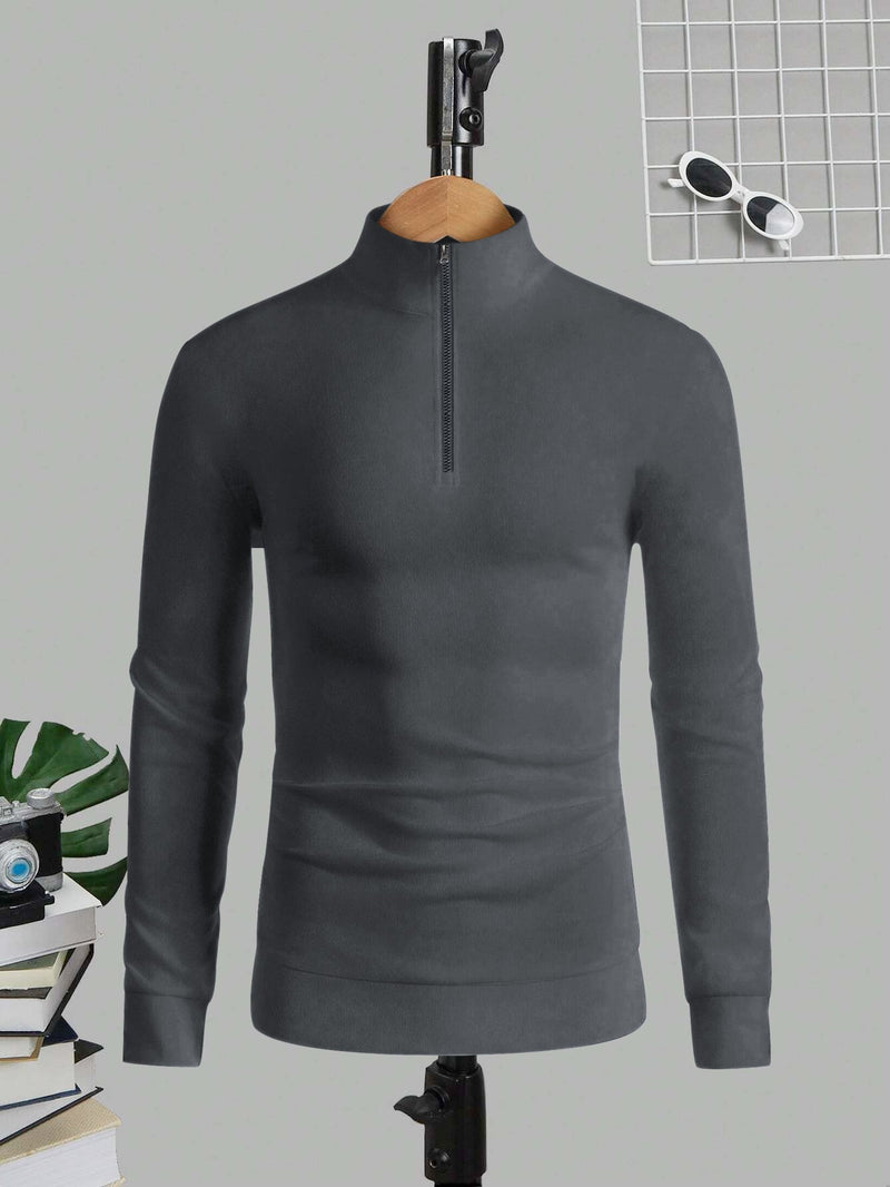 Louis Vicaci Fleece Stylish 1/4 Zipper Mock Neck For Men-Dark Grey-LOC