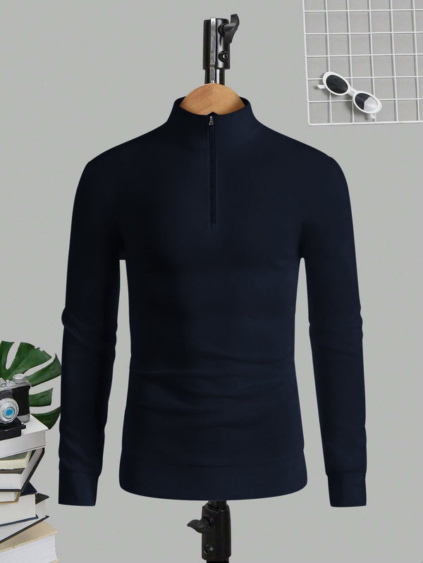 Louis Vicaci Fleece Stylish 1/4 Zipper Mock Neck For Men-Dark Navy-LOC#0M01