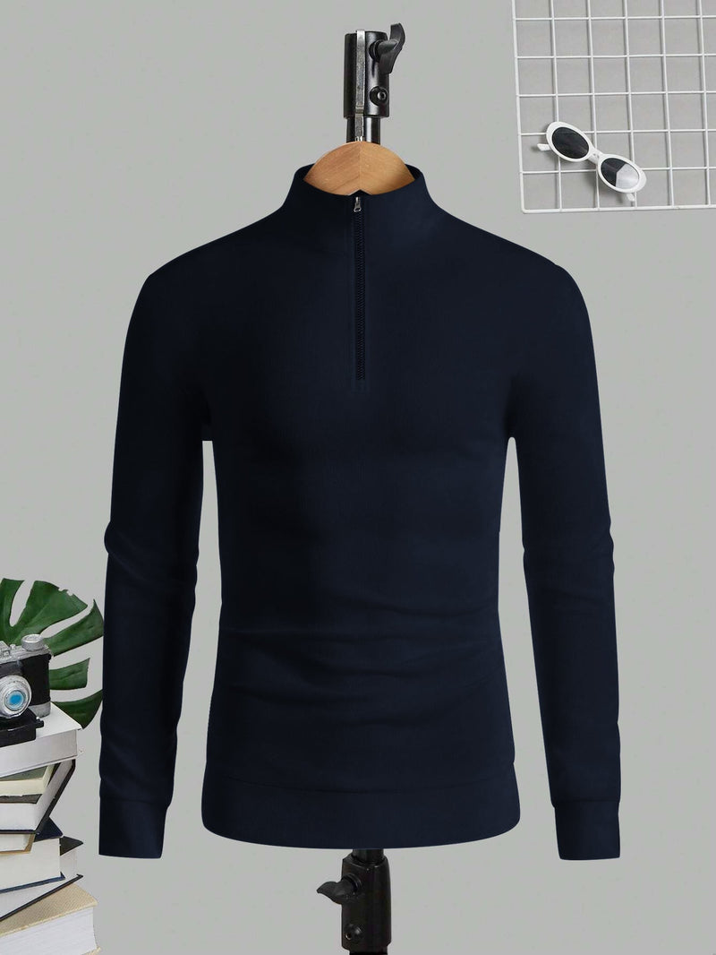 Louis Vicaci Fleece Stylish 1/4 Zipper Mock Neck For Men-Dark Navy-LOC
