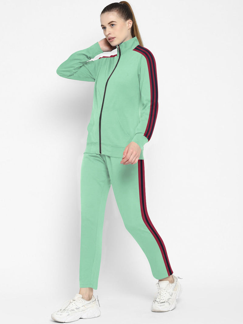 Louis Vicaci Fleece Zipper Tracksuit For Ladies-Light Green with Maroon Stripe-BR366