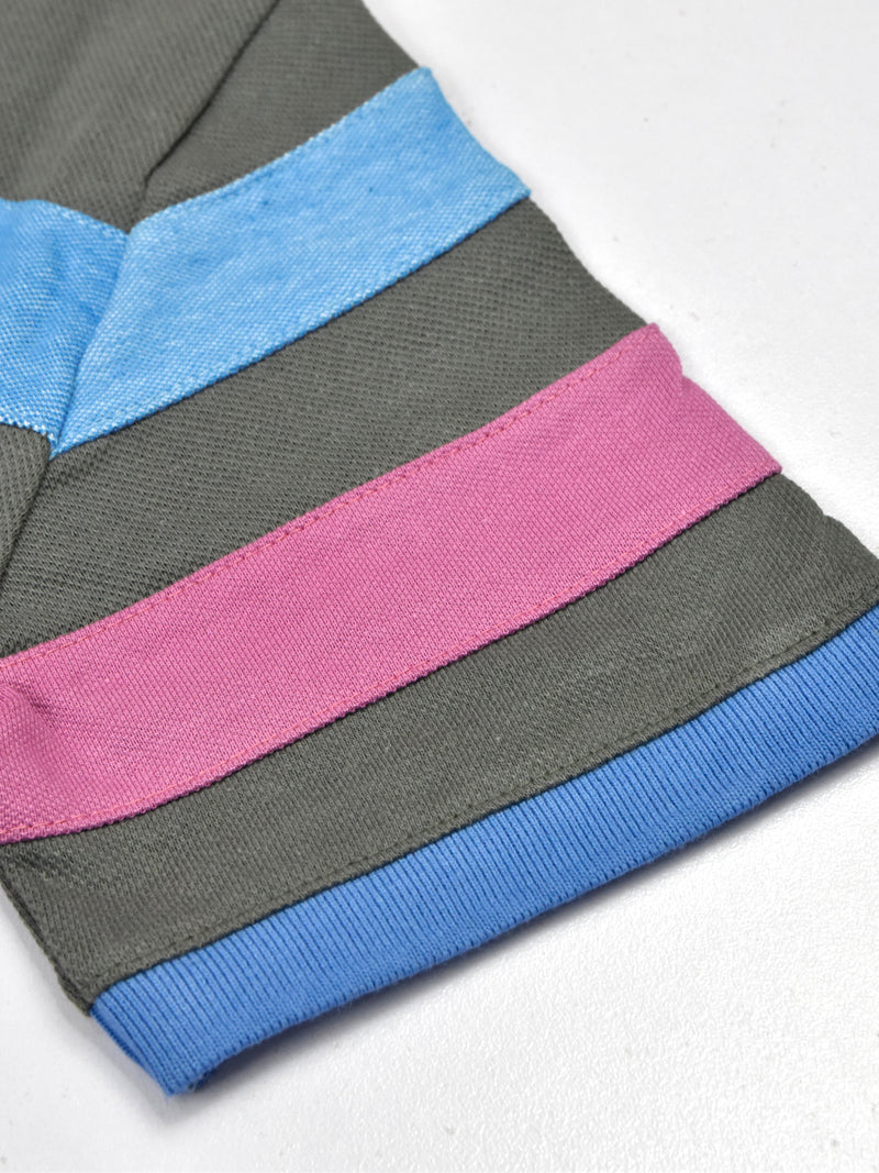 Summer Polo Shirt For Men-Grey With Blue Melange & Pink Stripe-LOC007