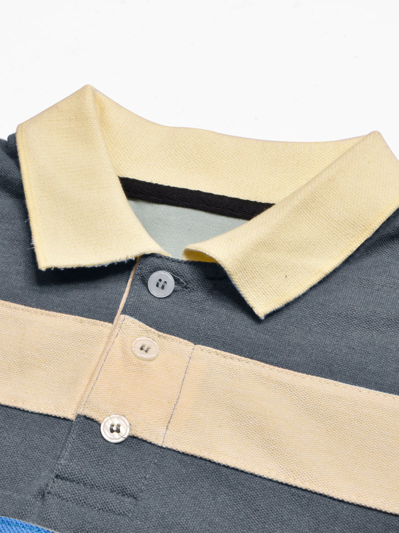Summer Polo Shirt For Men-Slate Blue Melange with Yellow & Blue Stripe-LOC0049