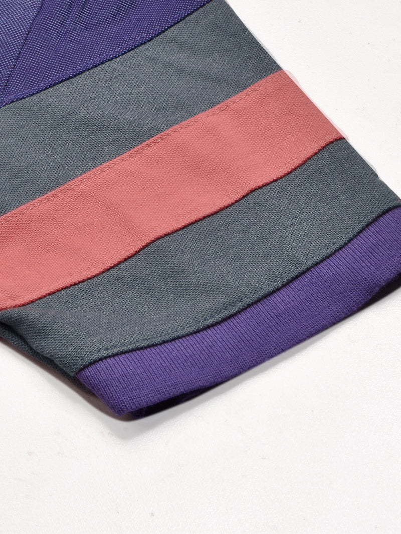 Summer Polo Shirt For Men-Slate Blue Melange with Purple & Pink Stripe-LOC0064