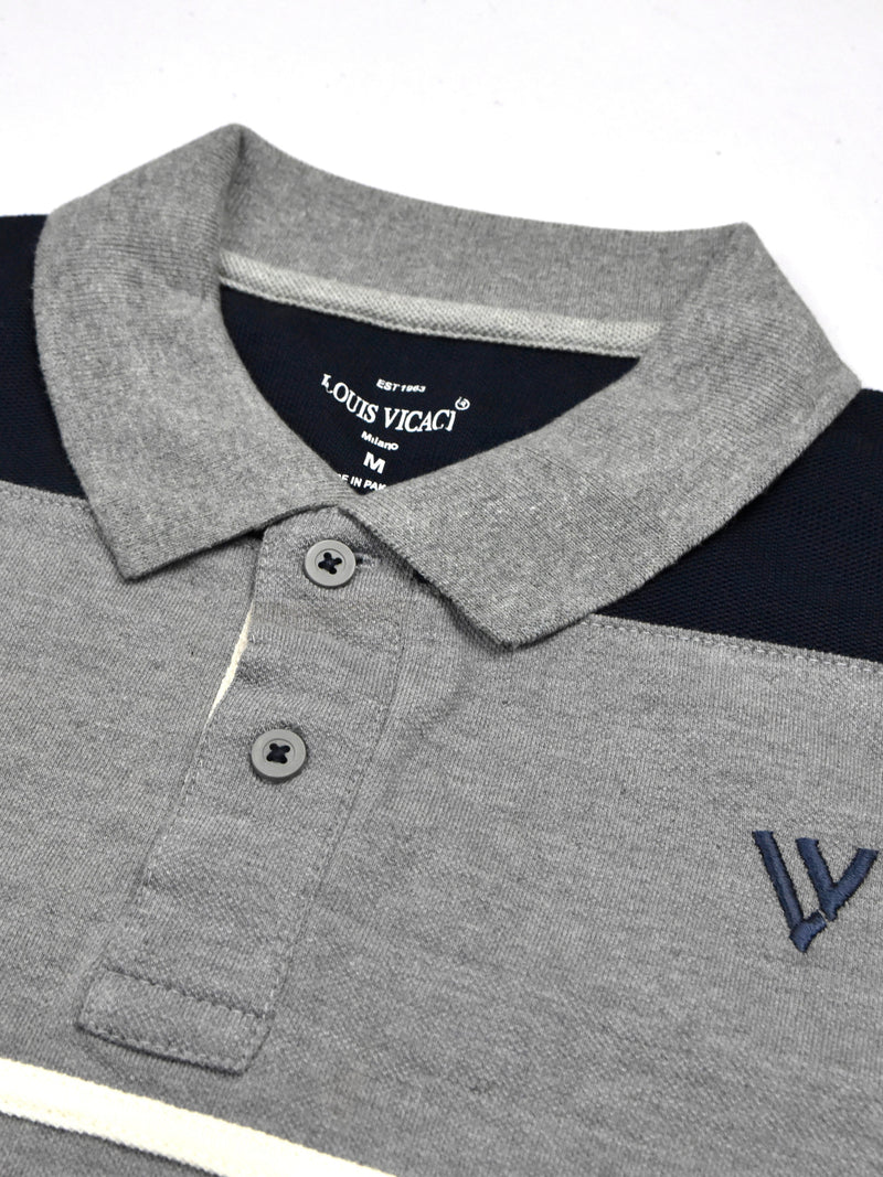 Summer Polo Shirt For Men-Off White With Grey & Dark Navy-LOC004