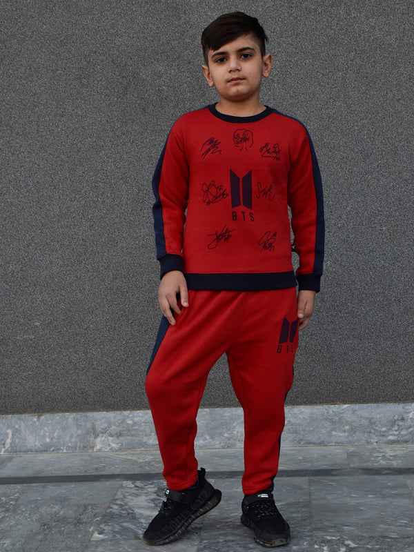 BTS Fleece Tracksuit For Kids-Red with Navy Panels-BR880