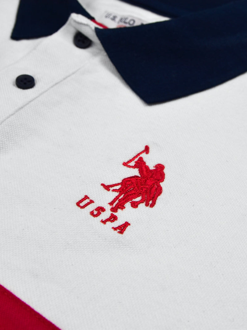 Summer Polo Shirt For Men-White with Navy Panel & Red Stripe-LOC00112