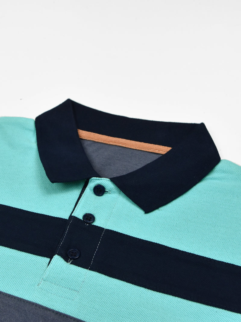 Summer Polo Shirt For Men-Cyan Blue With Dark Navy & Light Navy Stripe-LOC0022