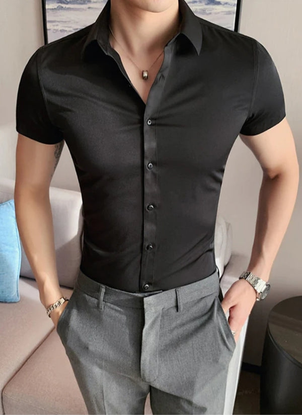 Oxen Nexoluce Super Stretchy Slim Fit Half Sleeve Lycra Casual Shirt For Men-Black-LOC#0LYH01