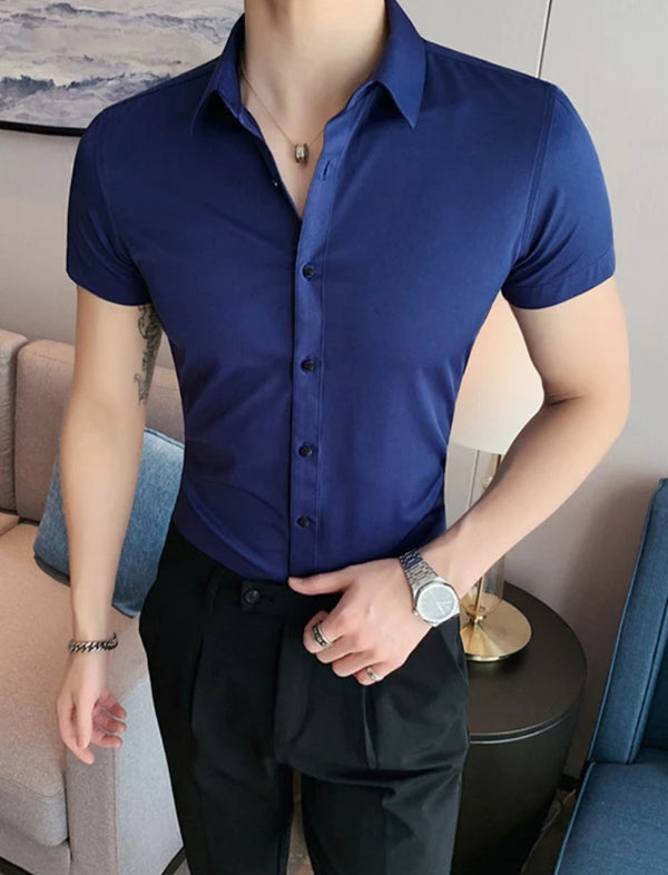 Oxen Nexoluce Super Stretchy Slim Fit Half Sleeve Lycra Casual Shirt For Men-Royal Blue-LOC#0LYH06