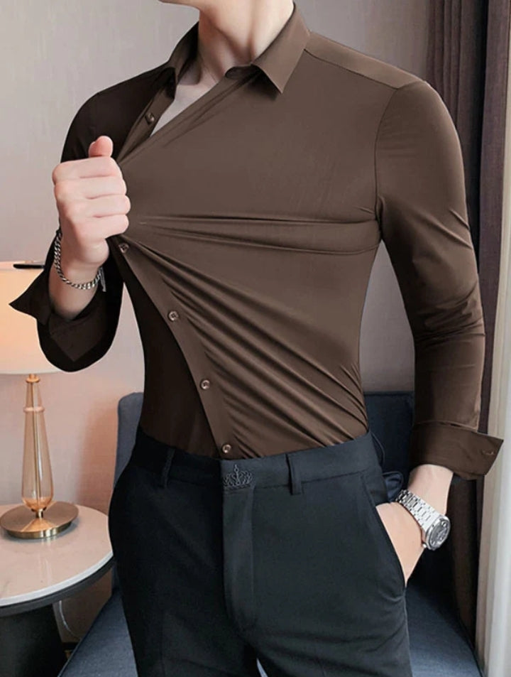Oxen Super Stretchy Slim Fit Lycra Viscose Casual Shirt For Men-Brown-LOC