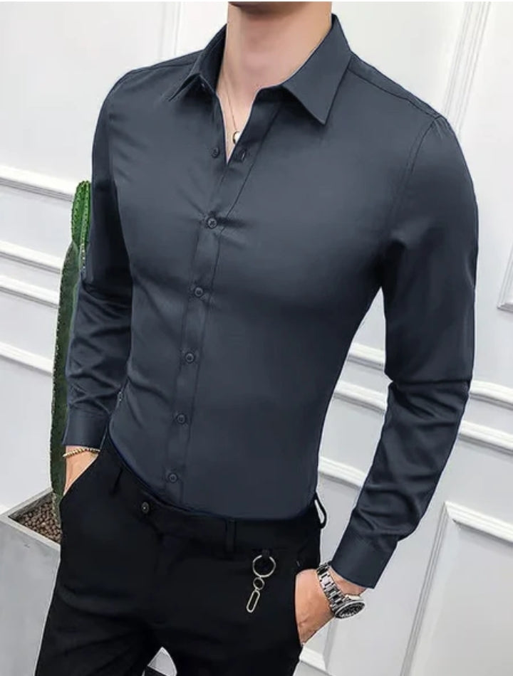 Oxen Nexoluce Super Stretchy Slim Fit Lycra Casual Shirt For Men-Light Grey-LOC