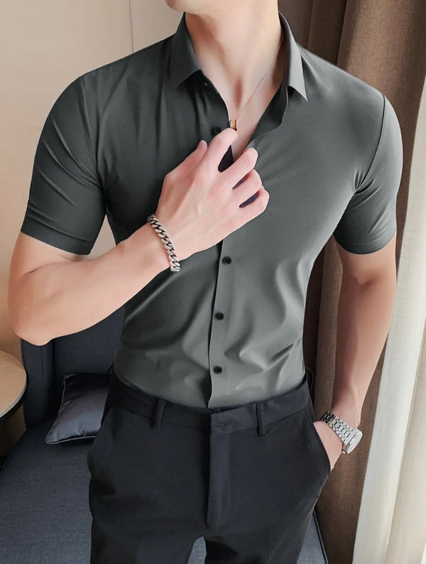 Oxen Nexoluce Super Stretchy Slim Fit Half Sleeve Lycra Casual Shirt For Men-Light Grey-LOC#0LYH017
