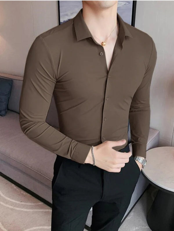 Oxen Nexoluce Super Stretchy Slim Fit Lycra Casual Shirt For Men-Dark Brown-LOC#0LYH020