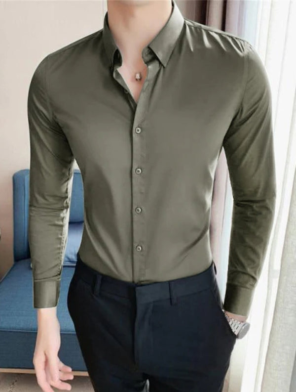 Oxen Nexoluce Super Stretchy Slim Fit Lycra Casual Shirt For Men-Light Olive-LOC#0LYH021