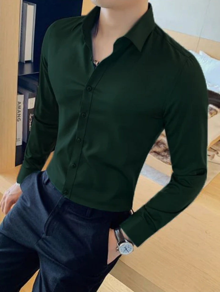 Oxen Nexoluce Super Stretchy Slim Fit Lycra Casual Shirt For Men-Dark Green-LOC