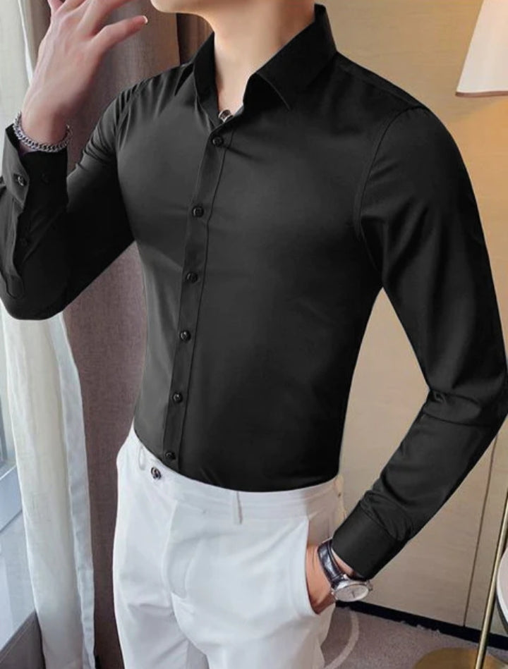 Oxen Nexoluce Super Stretchy Slim Fit Lycra Casual Shirt For Men-Black-LOC