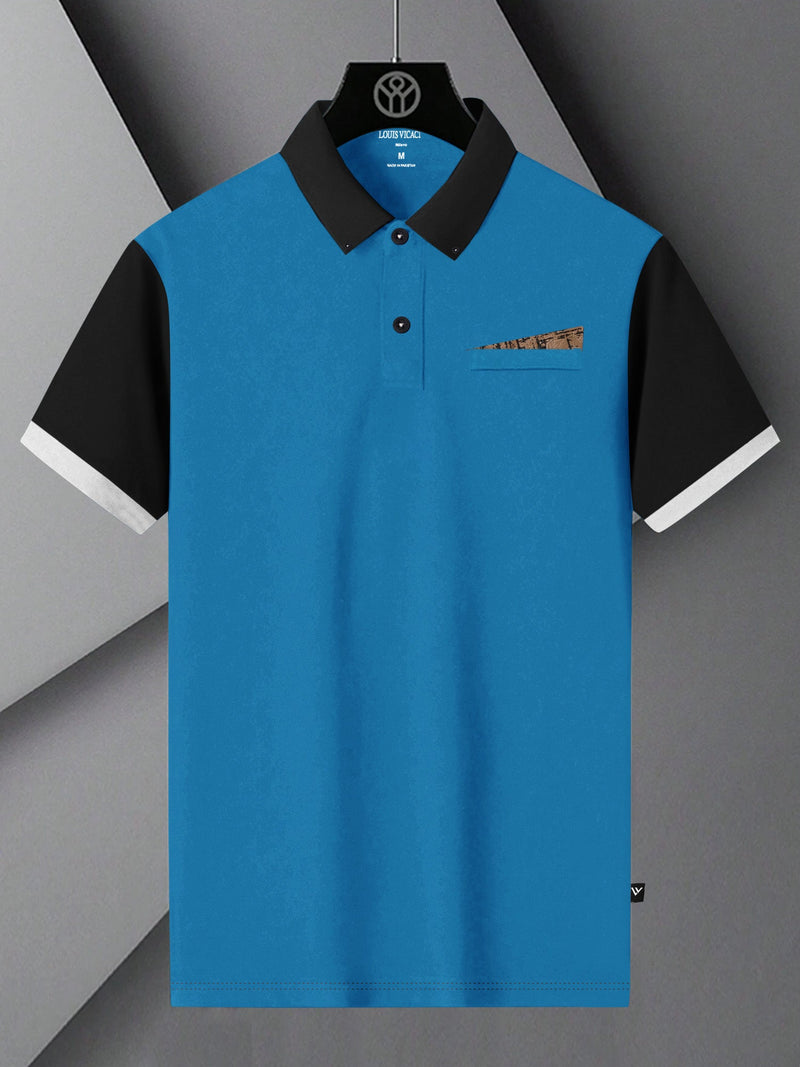 LV Summer Polo Shirt For Men-Cyan Blue with Navy-LOC0015